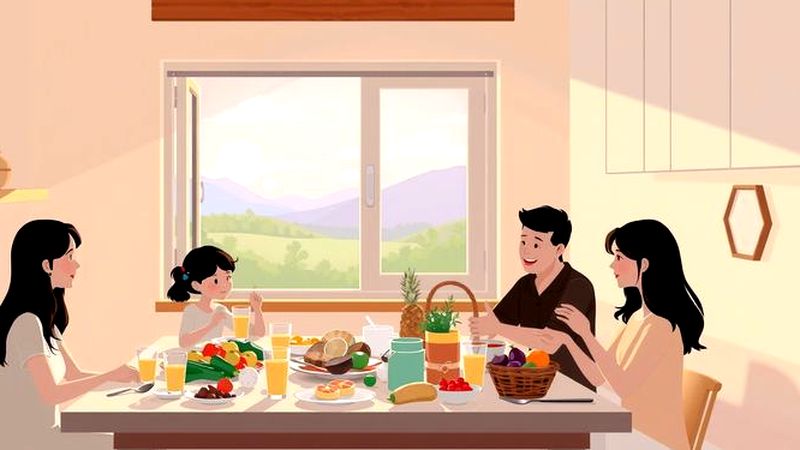 Una familia feliz comparte comida tranquila